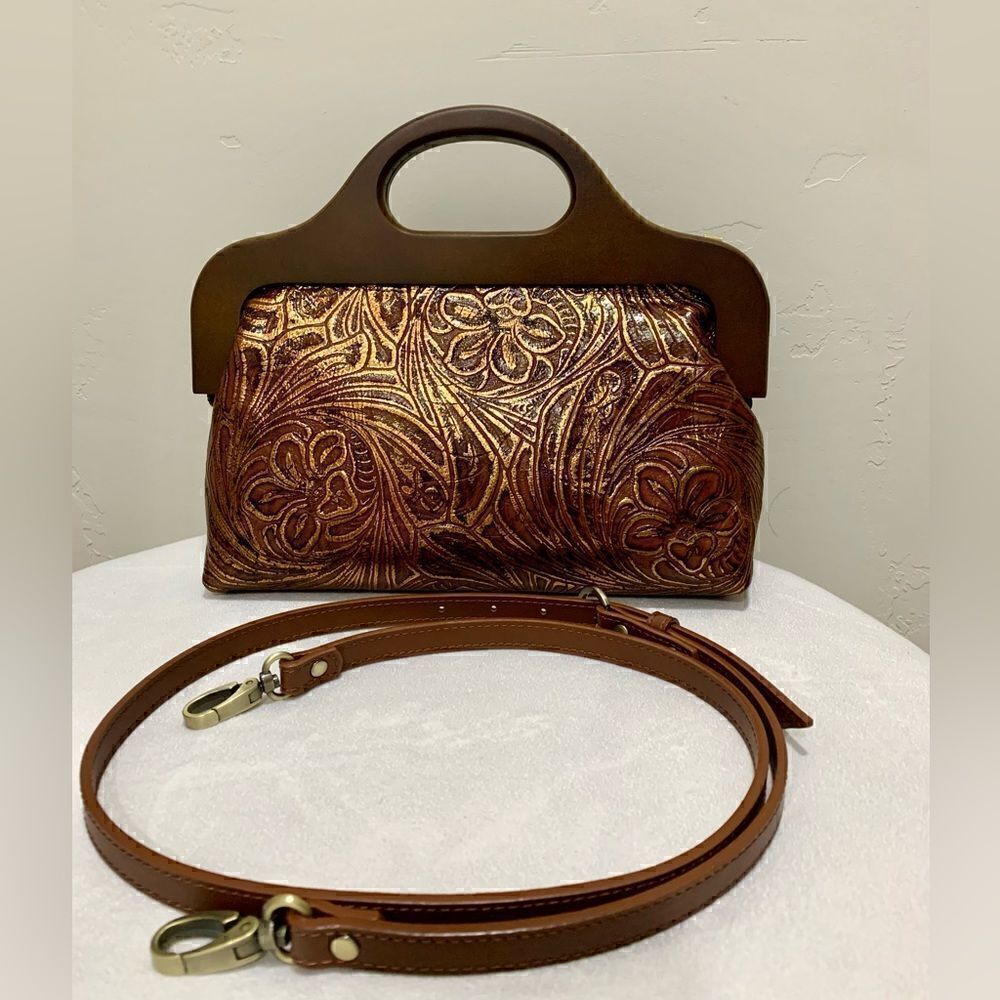 Vintage Style Handmade Genuine Embossed Leather Wooden Frame Bag/Crossbody - Picture 7 of 16